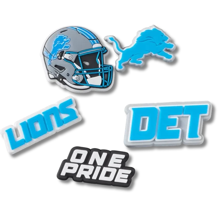 Zestaw 5 przypinek do butów Jibbitz z motywem Detroit Lions z ligi NFL Zestaw 5 przypinek do butów Jibbitz z motywem Detroit Lions z ligi NFL