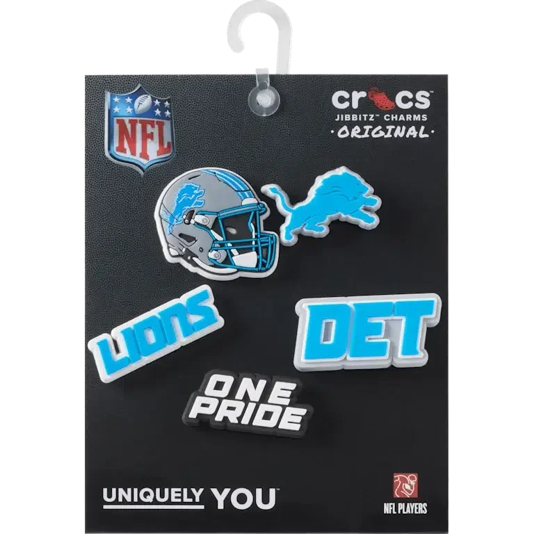 Zestaw 5 przypinek do butów Jibbitz z motywem Detroit Lions z ligi NFL Zestaw 5 przypinek do butów Jibbitz z motywem Detroit Lions z ligi NFL