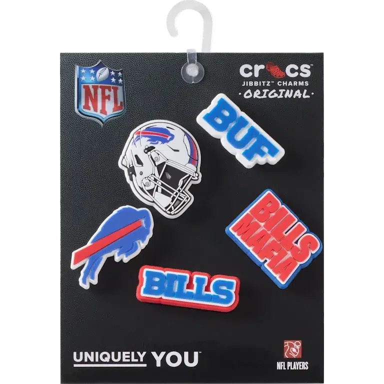 Zestaw 5 przypinek do butów Jibbitz z motywem drużyny NFL Buffalo Bills Zestaw 5 przypinek do butów Jibbitz z motywem drużyny NFL Buffalo Bills