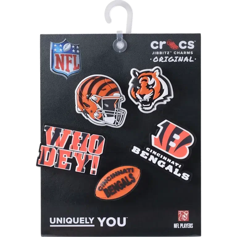Zestaw 5 przypinek do butów Jibbitz™ z motywem drużyny NFL Cincinnati Bengals Zestaw 5 przypinek do butów Jibbitz™ z motywem drużyny NFL Cincinnati Bengals