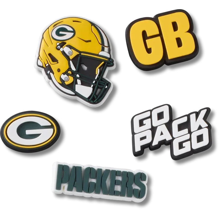 Zestaw 5 przypinek do butów Jibbitz z motywem drużyny NFL Green Bay Packers Zestaw 5 przypinek do butów Jibbitz z motywem drużyny NFL Green Bay Packers