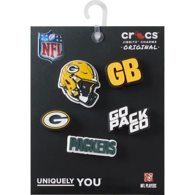 Zestaw 5 przypinek do butów Jibbitz z motywem drużyny NFL Green Bay Packers Zestaw 5 przypinek do butów Jibbitz z motywem drużyny NFL Green Bay Packers