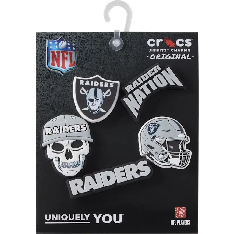 Zestaw 5 przypinek do butów Jibbitz™ z motywem drużyny NFL Las Vegas Raiders Zestaw 5 przypinek do butów Jibbitz™ z motywem drużyny NFL Las Vegas Raiders