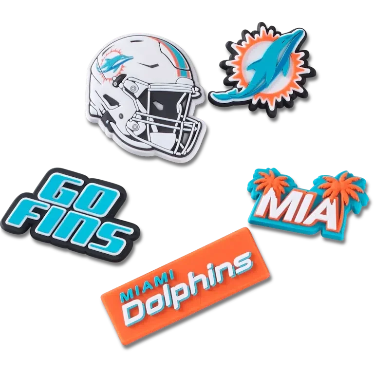 Zestaw 5 przypinek do butów Jibbitz z motywem drużyny NFL Miami Dolphins Zestaw 5 przypinek do butów Jibbitz z motywem drużyny NFL Miami Dolphins