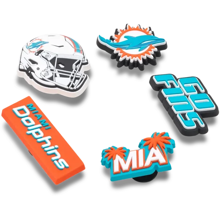 Zestaw 5 przypinek do butów Jibbitz z motywem drużyny NFL Miami Dolphins Zestaw 5 przypinek do butów Jibbitz z motywem drużyny NFL Miami Dolphins