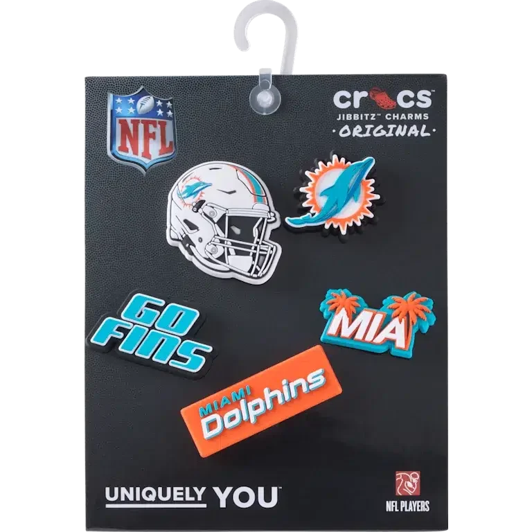 Zestaw 5 przypinek do butów Jibbitz z motywem drużyny NFL Miami Dolphins Zestaw 5 przypinek do butów Jibbitz z motywem drużyny NFL Miami Dolphins