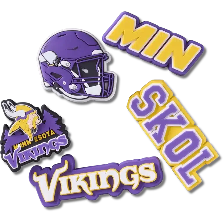 Zestaw 5 przypinek do butów Jibbitz z motywem drużyny NFL Minnesota Vikings Zestaw 5 przypinek do butów Jibbitz z motywem drużyny NFL Minnesota Vikings