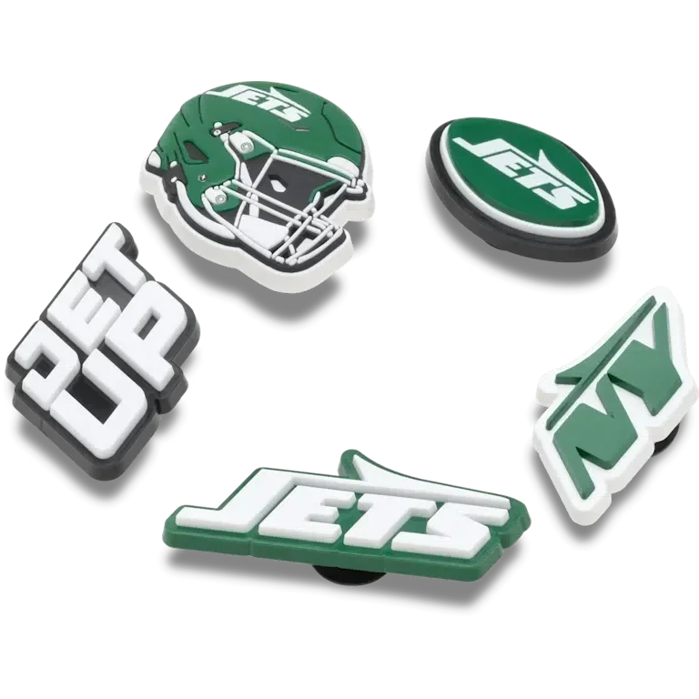 Zestaw 5 przypinek do butów Jibbitz z motywem drużyny NFL New York Jets Zestaw 5 przypinek do butów Jibbitz z motywem drużyny NFL New York Jets
