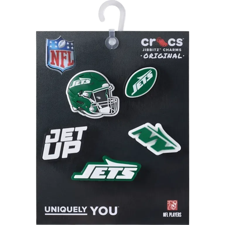 Zestaw 5 przypinek do butów Jibbitz z motywem drużyny NFL New York Jets Zestaw 5 przypinek do butów Jibbitz z motywem drużyny NFL New York Jets