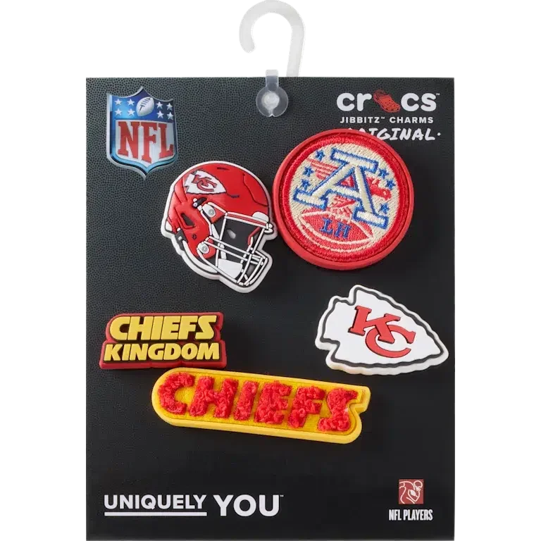 Zestaw 5 przypinek Jibbitz do butów z motywem drużyny NFL Kansas City Chiefs Zestaw 5 przypinek Jibbitz do butów z motywem drużyny NFL Kansas City Chiefs