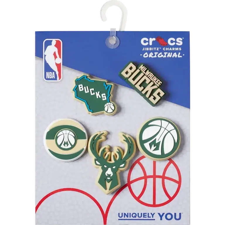Zestaw 5 przypinek Jibbitz™ z motywem Milwaukee Bucks z NBA Zestaw 5 przypinek Jibbitz™ z motywem Milwaukee Bucks z NBA